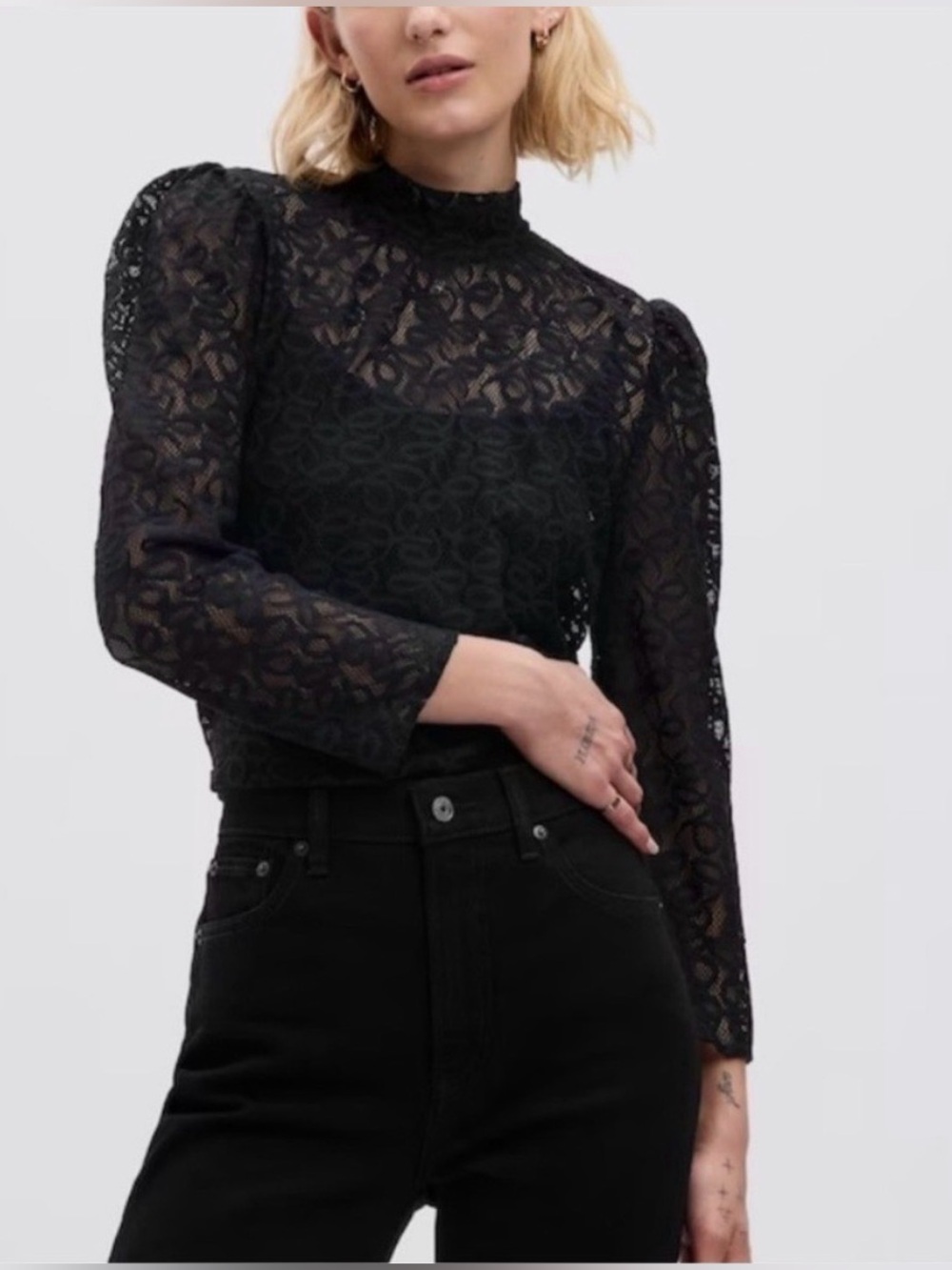 GAP Black Lace Long-Sleeve Mock Neck Top